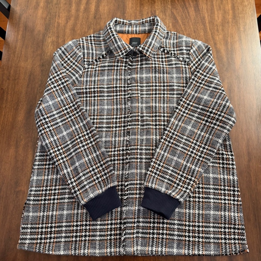 Yest The Netherlands Plaid Shacket Gray Brown Houndstooth Fringe Shirt Jacket 12 - Picture 3 of 10